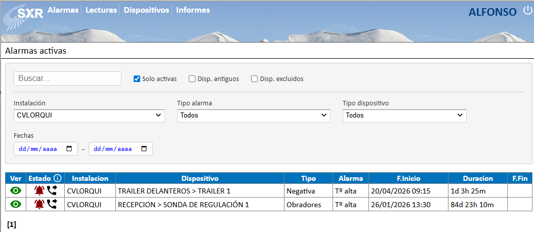 Pantalla de alarmas activas